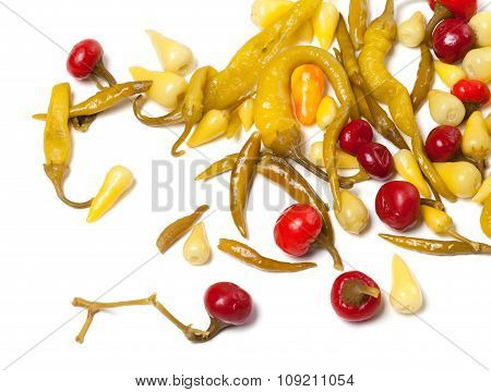 Mix Of Hot Pickled Peppers On White Background