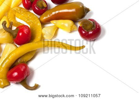 Mix Of Hot Pickled Peppers Isolated On White Background