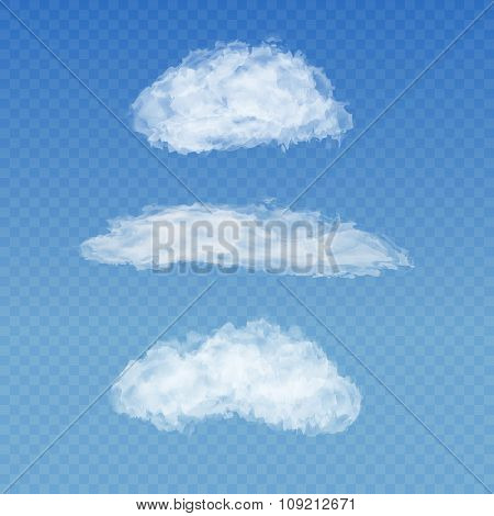 Set of realistic transparent white clouds on a plaid blue sky background