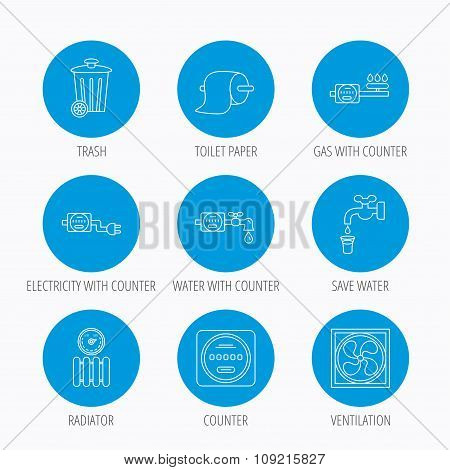 Ventilation, radiator and water counter icons.