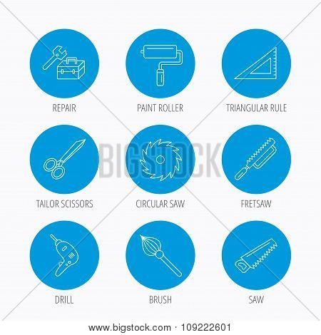 Scissors, paint roller and repair tools icons.