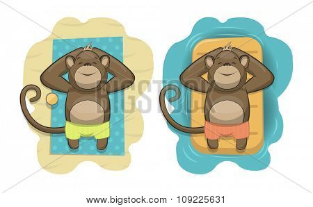 Vector monkeys relaxing on a tropical beach, New Year 2016 symbol in Oriental zodiac, eps10 