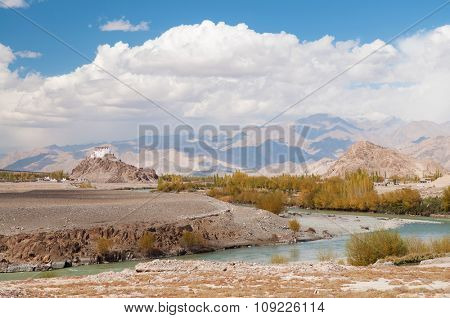 Stakna monastery with view of Himalayan mountains - it is a famous Buddhist temple in,Leh, Ladakh, Jammu and Kashmir, India.