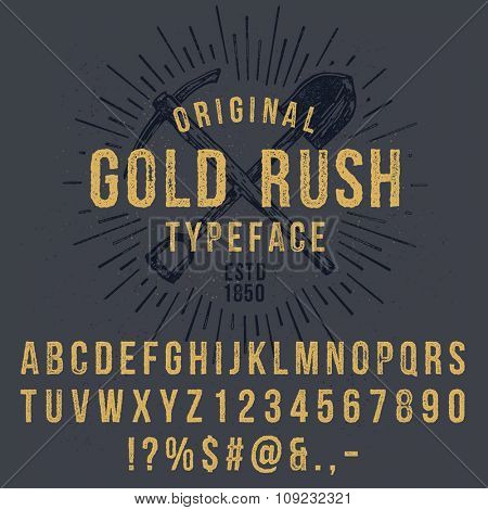 Vector handmade font. Vintage styled grunge textured typeface. Latin alphabet letters and numbers.