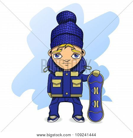 Teen Athlete Snowboarder In Sportswear Holding A Snowboard.