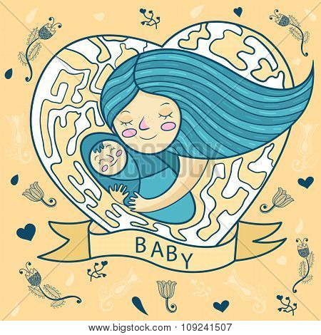 Happy Young Mother Hugging Baby. Heart, Floral Background.