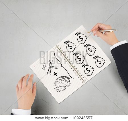 Businessman hands drawing money making formula in notepad