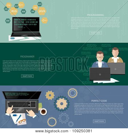 Programming And Coding Website Development Software Engineer Teamwork Binary Code Laptop Banners