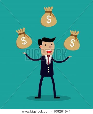 Cartoon businessman juggling three sacks
