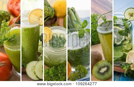 Various Green Color Juices From Mix Tropical Fruit