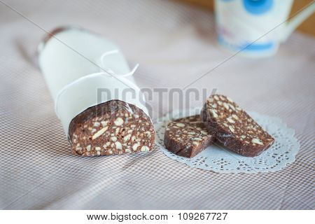 Chocolate Salami Biscuits On A  Table