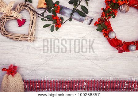 Christmas background on wooden table and copy space