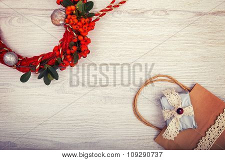 Christmas background on wooden table and copy space, shopping bag
