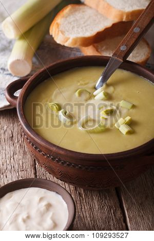 Vichyssoise Soup In A Bowl Close-up On The Table. Vertical