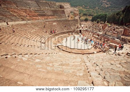 Greek-roman Empire Historical Theater And Tourists Around Ephesus City