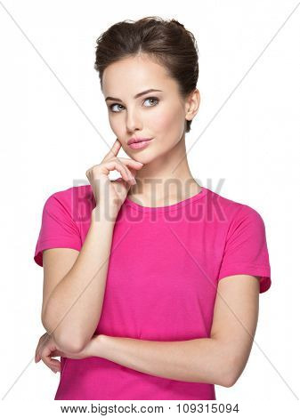 Portrait of the young thinking woman with some  problem -  isolated on white background