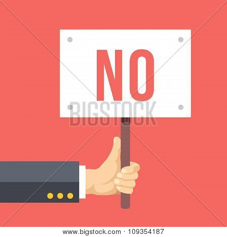 Hands holds sign with NO word. Social protest, negative reaction. Flat vector illustration