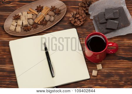 Blank Open Notepad. Cup Of Coffee. Wooden Background