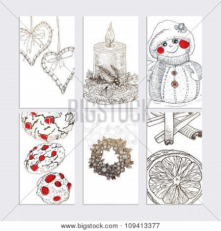 Christmas hand drawn engaving set