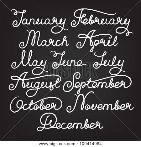 Handwritten months of the year: January, February, March, April, May, June, July, August, September, October, November, December. Calligraphy words for calendars and organizers. Stock vector lettering