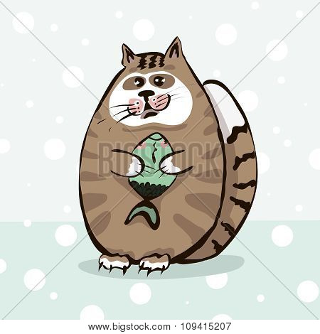 cute cat holding a fish in paws