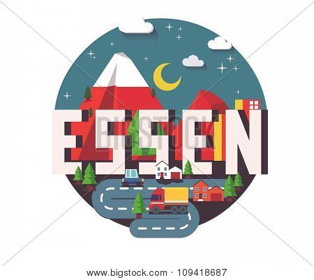 Essen in germany is Beautiful city to visit on holiday, vector cartoon illustration