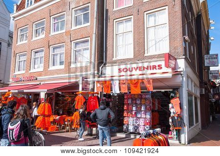 AMSTERDAM-APRIL 27: Souvenir shop on the Rokin street during King's Day on April 27 2015 in Amsterdam the Netherlands.
