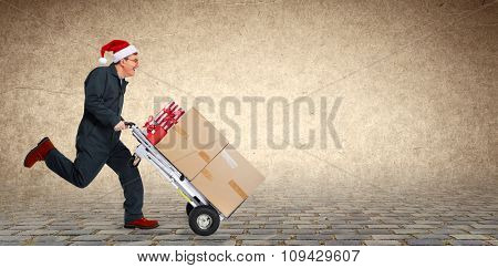 Delivery man with boxes. Express Christmas shipping.