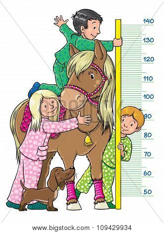 Meter wall with children and a pony