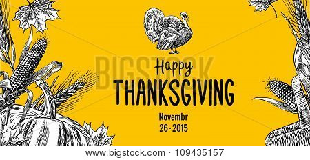 Hand drawn thanksgiving day with leaves, pumpkin, corn cob, ear, turkey and spica on yellow backgrou