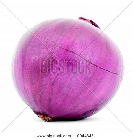 Pink onion with horizontal break on skin isolated