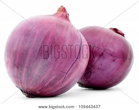 Two red onions with cracks on skin, whole vegetables isolated