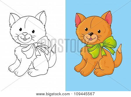Coloring Book Of Cute Red Kitten With Bow