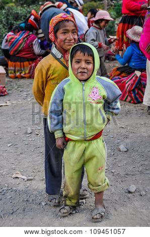 Quechua Boys In A Village In The Andes, Ollantaytambo, Peru