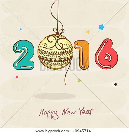 Colorful text 2016 with floral Xmas Ball hanging on stars decorated background for Happy New Year celebration.
