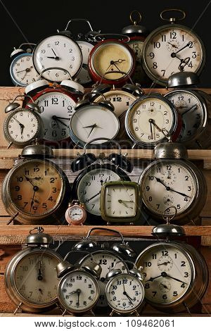 collection of vintage alarm clocks