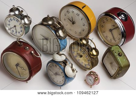 collection of vintage alarm clocks