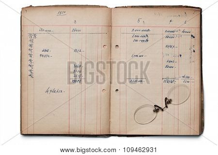 rimless glasses on an open accounting book
