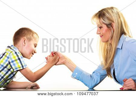 Mother And Son Arm Wrestling.