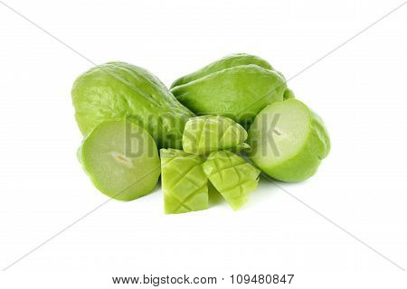Whole And Half Cut Fresh Chayote On White Background