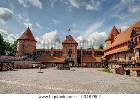 TRAKAI, LITHUANIA - JULY 20: Trakai castle yard, hdr photo. Trakai castle is one of the most recognizable Lithuanian landmarks. July 2015