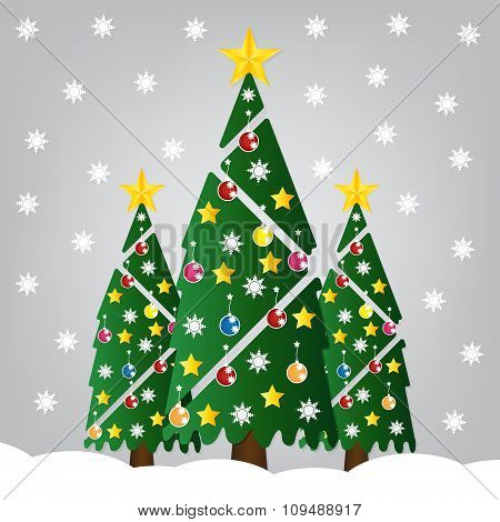Christmas Tree With Colorful Ornaments And Glod Star And Falling Snow. Vector Illustration.