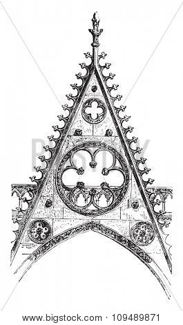 Gable of the south portal of Notre-Dame de Paris, vintage engraved illustration. Industrial encyclopedia E.-O. Lami - 1875.