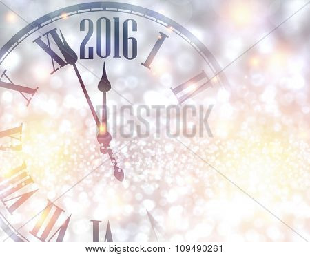 2016 New Year shining background with clock. Vector illustration.