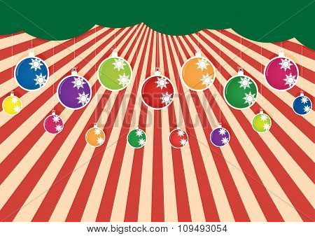 Christmas Multicolor Balls And Colorful Ornaments On Sun Ray Background. Vector Illustration Design.