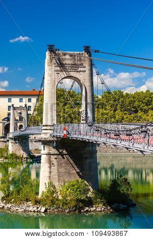 Old Passerelle Du College Bridge Over Rhone River In Lyon, France
