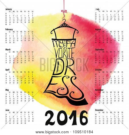 Calendar 2016 year.Lettering.Black Dress Silhouette