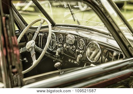 Sleza, Poland, August 15, 2015: Close Up On Vintage Car Steering Wheel And Kockpit On  Motorclassic