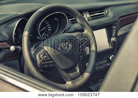 Sleza, Poland, August 15, 2015: Close Up On Toyota Cockpit And Wheel On  Motorclassic Show On August