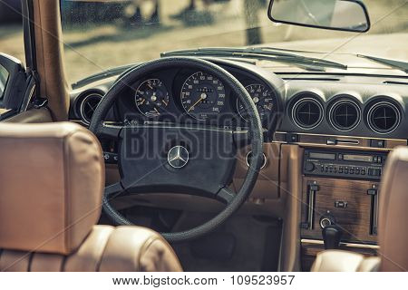 Sleza, Poland, August 15, 2015: Close Up On Mercedes Vintage Car Steering Wheel And Kockpit On  Moto